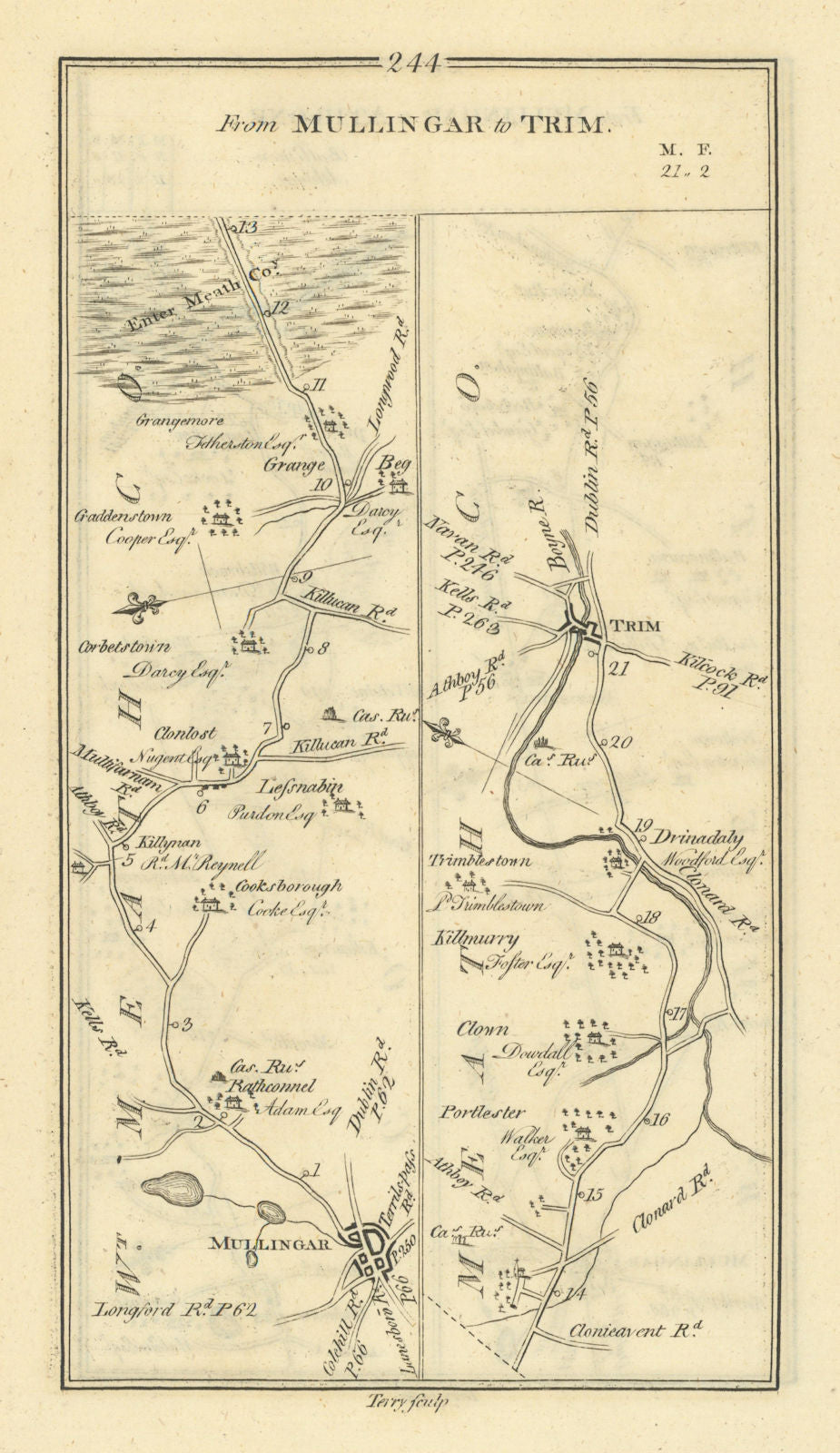 #244 From Mullingar to Trim. Westmeath Meath. TAYLOR/SKINNER 1778 old map
